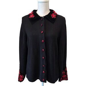 Tiara International Vintage Black Cardigan Red Floral Sequin Velvet Collar Large
